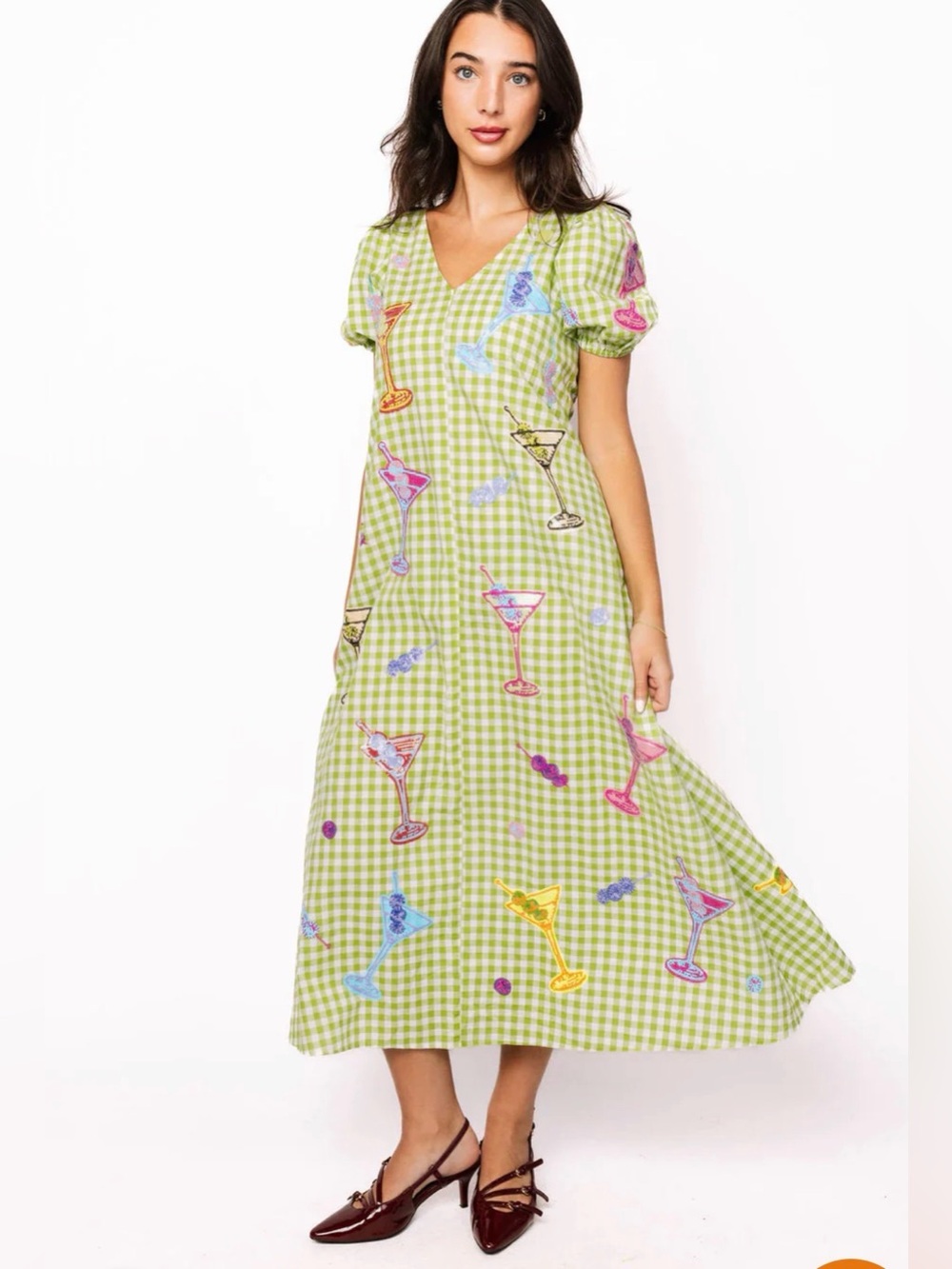 New QOS Green & White Multi Martini Colorblock Gingham Dress - Picture 5 of 6